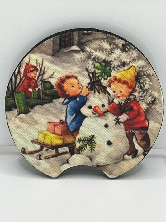 Children Building Snowman (2-Pack)-Car Coasters